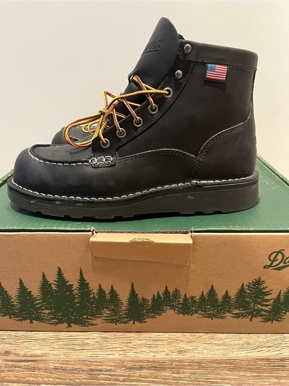 Danner Black Moc Toe Work Boots with Brown and Gold Laces